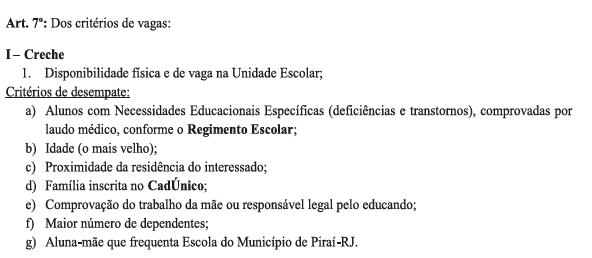 Critério vagas em creche